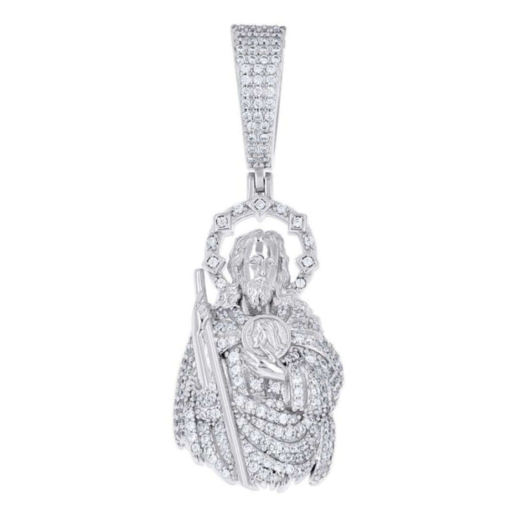 The Classic Moissanite St. Jude Charm Pendant showcases a robed figure with a halo, staff, and medallion, set in 925 sterling silver and embellished with VVS moissanites.
