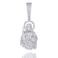 The Classic Moissanite St. Jude Charm Pendant in 925 sterling silver features a robed figure holding a staff and medallion, with VVS moissanites and a jeweled halo, set on a white background.