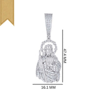 Classic Moissanite St. Jude Charm Pendant in 925 sterling silver, features a detailed religious figure with staff and VVS moissanites. Size: 47.4 mm x 16.1 mm. Displayed on white background with gold ribbon accent.