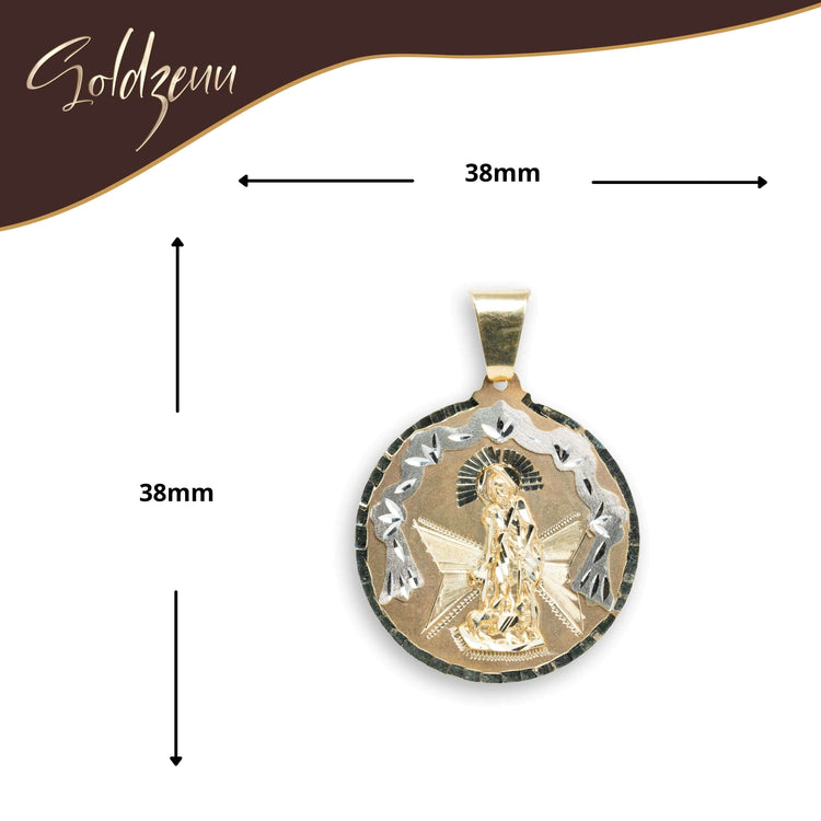 St. Lazarus Round Ornamental Pendant – 10k solid gold men’s pendant features a religious figure with star and dove motifs, measures 38mm, and includes a gold loop for easy chain attachment.