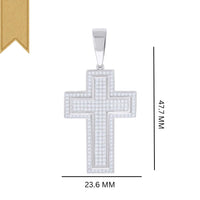 The Sterling Silver Cross Moissanite Charm Pendant, measuring 47.7 mm by 23.6 mm, is shown on a white background with measurement lines—a sparkling and hypoallergenic jewelry choice.