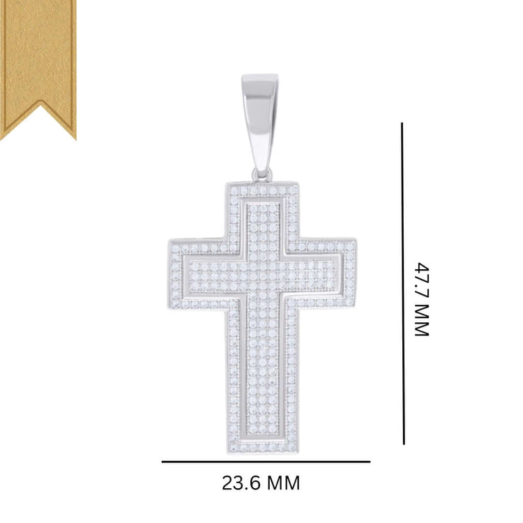 The Sterling Silver Cross Moissanite Charm Pendant, measuring 47.7 mm by 23.6 mm, is shown on a white background with measurement lines—a sparkling and hypoallergenic jewelry choice.
