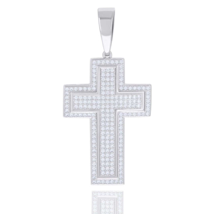 The Sterling Silver Cross Moissanite Charm Pendant features rows of small, round moissanite stones and a polished bail. Hypoallergenic, this pendant has a reflective surface beneath it for added shine.