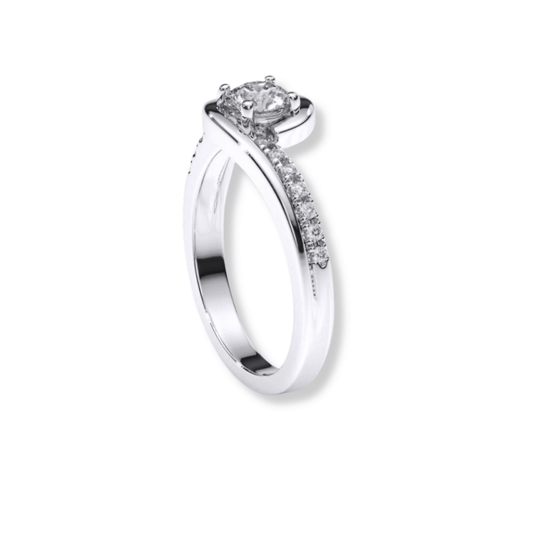 The Swirl Pavé Round-Cut Lab Diamond Engagement Ring features a round center lab diamond and a row of pavé diamonds along one side of its white gold band, displayed on a white background.