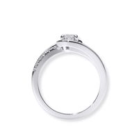 A side view of the Swirl Pavé Round-Cut Lab Diamond Engagement Ring featuring a central round lab diamond and pavé diamonds along part of the silver band, displayed against a white background.