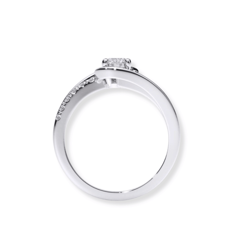 A side view of the Swirl Pavé Round-Cut Lab Diamond Engagement Ring featuring a central round lab diamond and pavé diamonds along part of the silver band, displayed against a white background.