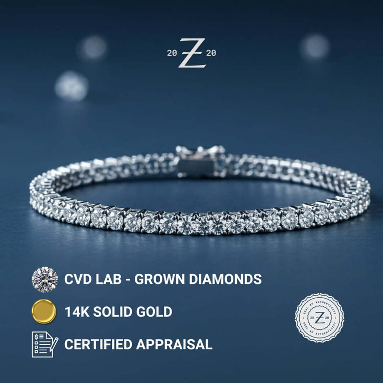 The Tennis Bracelet - 14k Gold Lab Grown Diamonds is elegantly displayed on a dark blue surface, accompanied by certification and appraisal icons below.