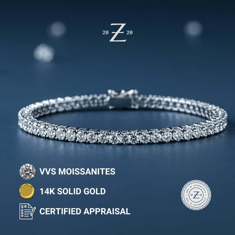 The Z company logo appears above a Tennis Bracelet - 14k Gold Moissanite, showcased on blue with round VVS moissanites. Text highlights ethical luxury and a certified appraisal.