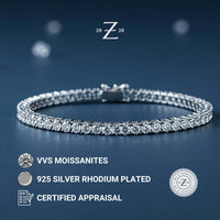 The Tennis Bracelet - 925 Silver Moissanite features VVS round moissanites set in rhodium-plated sterling silver, displayed on a blue surface. Icons highlight its certified appraisal and premium bracelet quality.