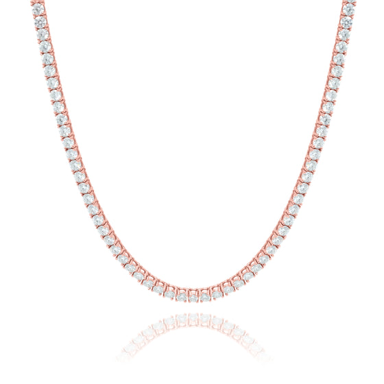 alt=" Brilliant 14k rose gold moissanite tennis chain set, featuring 18" and 22" chains. VVS clarity moissanite stones. The perfect rose gold tennis chain set! "