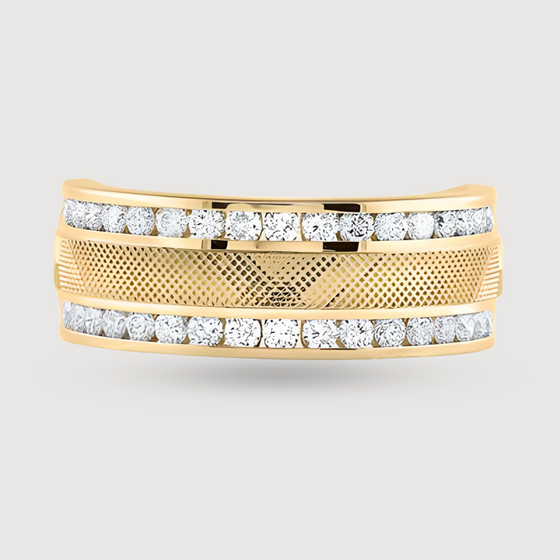 Front image of Textured Diamond Ring Men's Wedding Band in 14k Yellow Gold. Featuring 1ctw of Double Row Natural Diamonds. | GOLDZENN