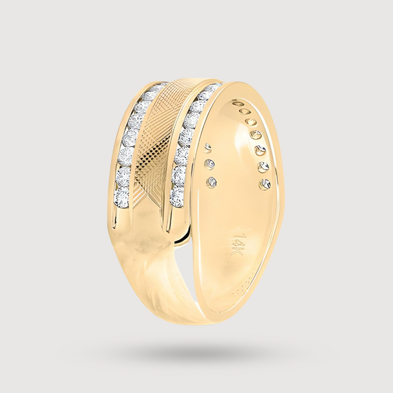 Side Image Textured Diamond Ring Men's Wedding Band in 14k Yellow Gold. Featuring 1ctw Double Row Natural Diamonds. | GOLDZENN