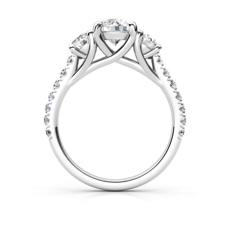 The Three-Stone Lab Diamond Engagement Ring - Elegant Trio in White Gold features three round lab diamonds in prongs, a twisted band with diamond-accented shoulders, and a side view for an elegant women’s engagement ring choice.