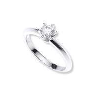 The Timeless Six-Prong Solitaire Lab Diamond Ring features a single round-cut lab diamond in a six-prong setting, crafted in white gold or platinum, and displayed on a white background.