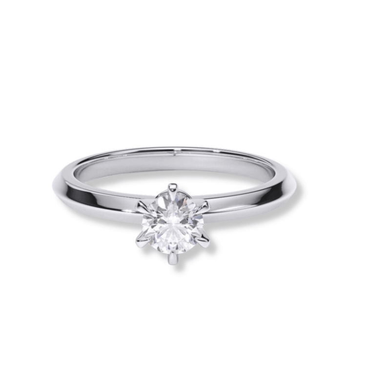 The Timeless Six-Prong Solitaire Lab Diamond Ring is a silver women’s engagement ring with a single round-cut lab diamond set in six prongs, shown on a white background.
