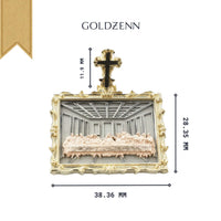 The Tricolor Last Supper Pendant – 14K Gold Men Pendant features a gold and silver relief of “The Last Supper,” topped with an 11.9mm cross. It measures 38.36mm wide by 28.35mm tall, with the GOLDZENN brand name above the design.