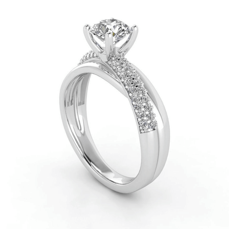 The Triple Row Pavé Band Lab Diamond Engagement Ring features a round lab diamond center held by four prongs, with sparkling pavé-set accent diamonds along the white gold band, shown on a white background.