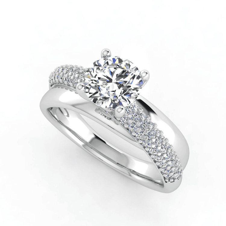 The Triple Row Pavé Band Lab Diamond Engagement Ring with Round Center features a white gold setting and lab diamonds, paired with a matching wedding band.