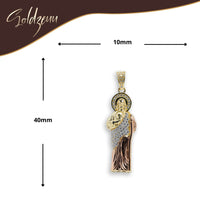 A Two-Tone Saint Jude Pendant in 10k Gold with CZ – Men’s Gold Pendant by Soldzenu is displayed on a white background, featuring gold and silver tones, and measuring 40mm x 10mm.
