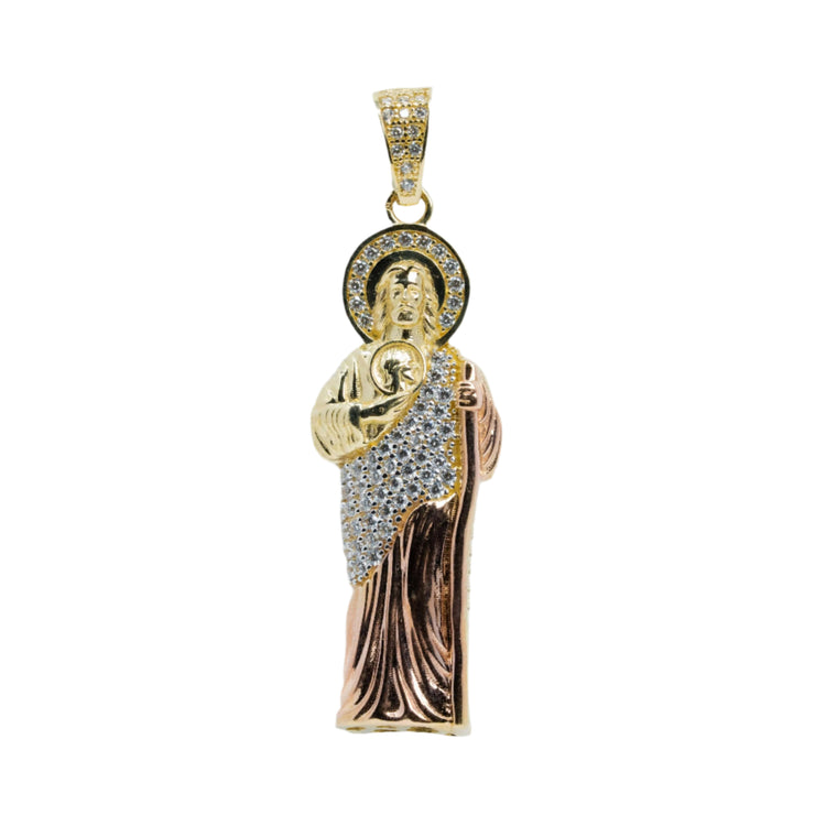 The Two-Tone Saint Jude Pendant in 10k Gold with CZ is a men’s gold pendant featuring a saint holding a staff, adorned with sparkling CZ accents on the halo, robe, and loop—an elegant choice for any collection.