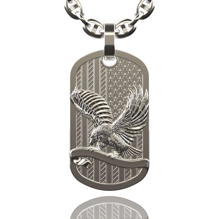 The US Flag & Eagle Tag Pendant – 14K Gold Men Pendant features a raised eagle and engraved flag details, making it a standout piece of patriotic jewelry.