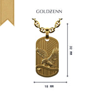 The US Flag & Eagle Tag Pendant – 14K Gold Men Pendant features a detailed eagle and US flag design, measures 32mm by 18mm, and is topped with the GOLDZENN brand name. A bold patriotic jewelry piece.