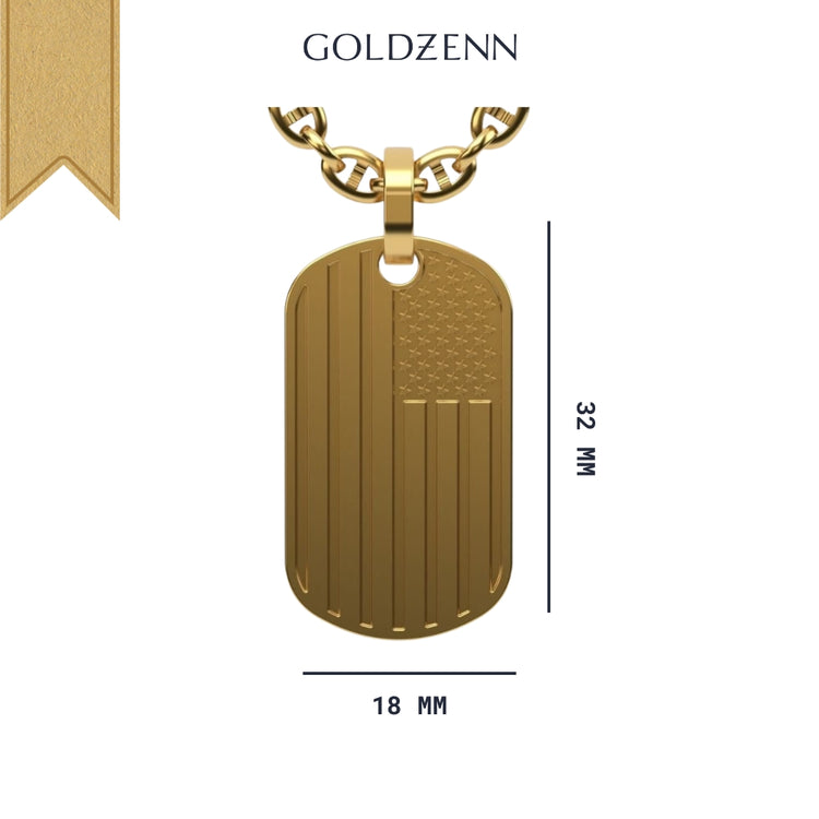 The GOLDZENN USA Flag Tag Pendant is a gold dog tag engraved with the American flag, measuring 32 mm by 18 mm and hanging from a chain—a striking piece of patriotic jewelry.