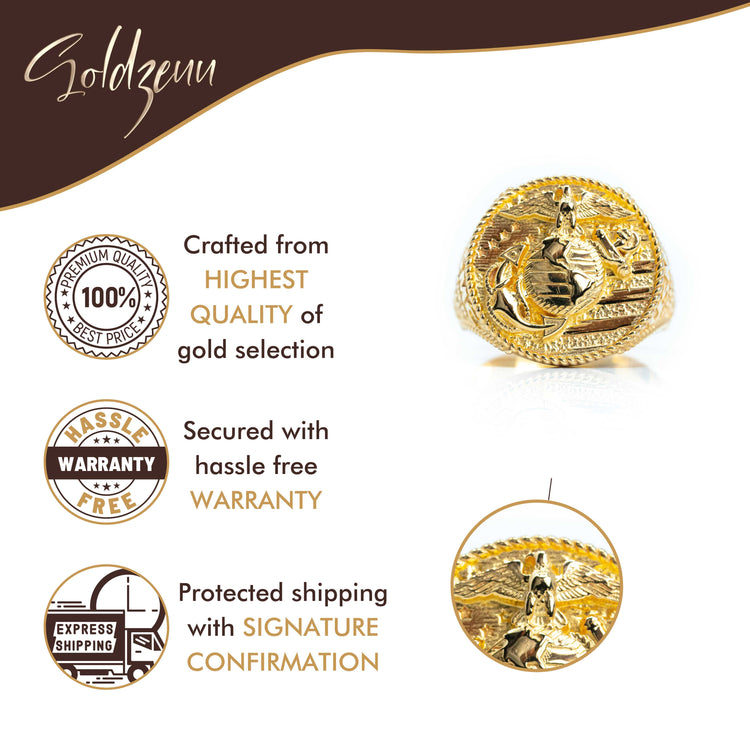 Promotional image for the USMC Eagle Globe and Anchor Ring – 14k Solid Gold, featuring icons for high quality, hassle-free warranty, and signature-confirmed shipping.