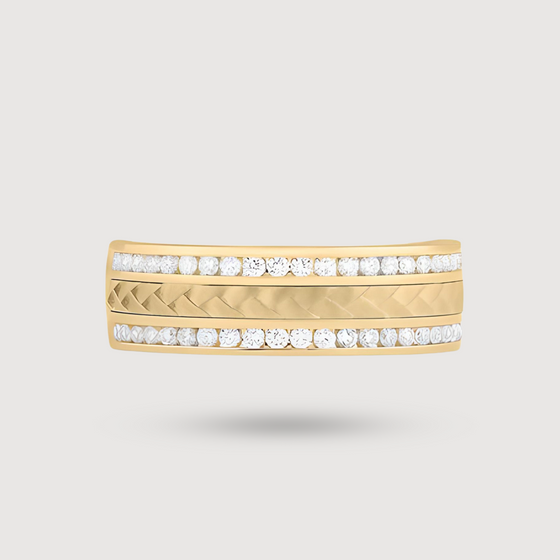 Front Image Unity Braid Diamond Men's Wedding Band in 14k Yellow Gold. Featuring 2-Rows (top and bottom) 1/2ctw Natural Round Diamonds. | GOLDZENN 