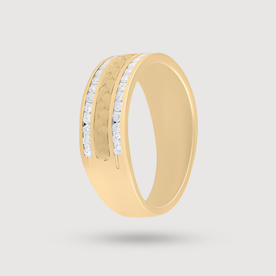 Side Image: Unity Braid Diamond Men's Wedding Band in 14k Yellow Gold. Featuring 2-Rows (top and bottom) 1/2ctw Natural Round Diamonds. | GOLDZENN 