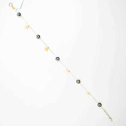 The 5 lucky eye bracelet - 14k features a delicate gold chain with blue evil eye charms and gold star pendants, symbolizing spiritual protection. Displayed against a white background, it adds both elegance and meaning to your style.