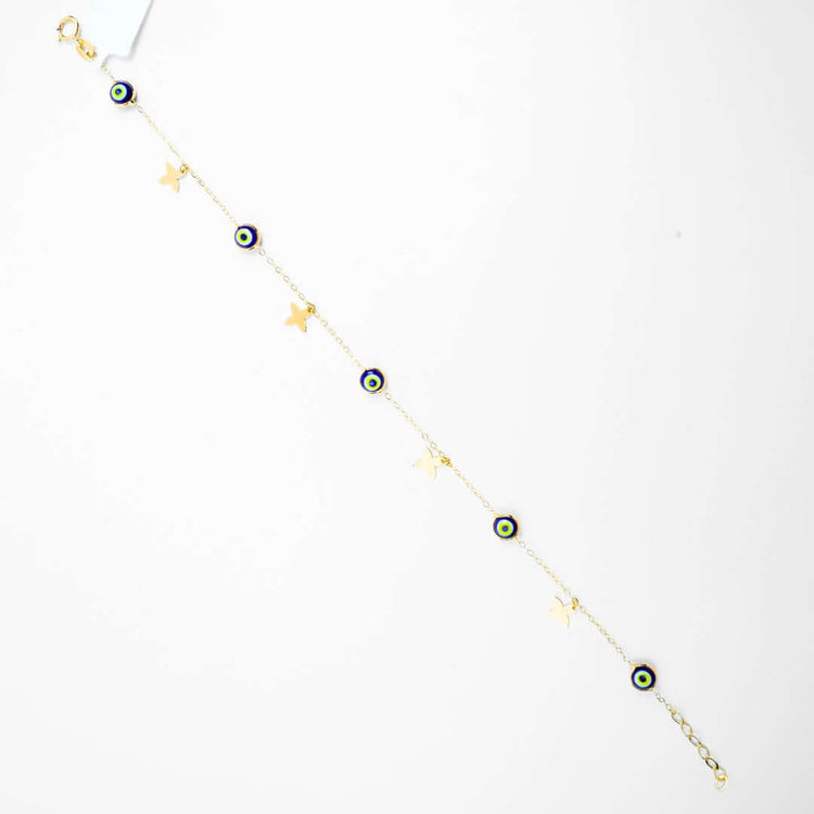 The 5 lucky eye bracelet - 14k features a delicate gold chain with blue evil eye charms and gold star pendants, symbolizing spiritual protection. Displayed against a white background, it adds both elegance and meaning to your style.