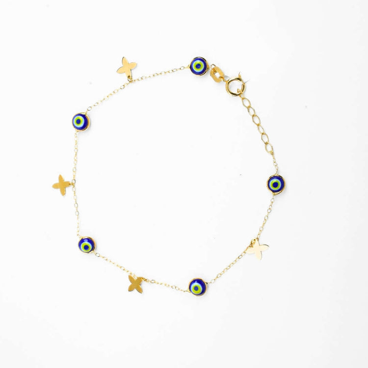 The 5 Lucky Eye Bracelet - 14k features delicate blue and yellow evil eye charms and gold butterfly accents along a fine chain, offering spiritual protection, with a lobster clasp and extension for adjustable fit.