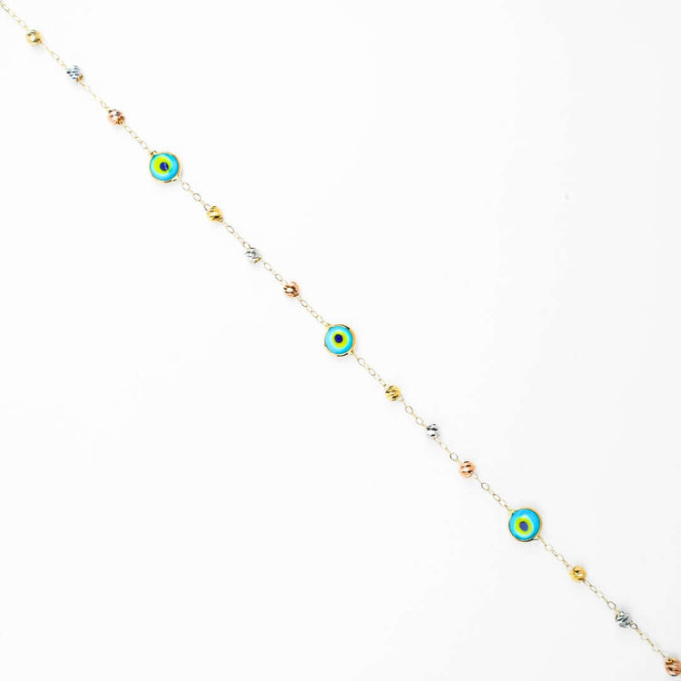 The 5 lucky eye bracelet - 14k is a delicate gold bracelet adorned with colorful spiritual protection charms and metallic beads, evenly spaced on a thin chain, shown diagonally on a white background.