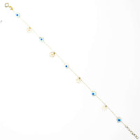 The 5 lucky eye bracelet - 14k features a delicate gold chain with blue evil eye charms for spiritual protection and dainty gold flower accents, arranged alternately along the chain and displayed on a white background.