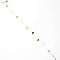 The 5 Lucky Eye Bracelet - 14k features colorful evil eye charms and sunburst accents along a delicate gold chain, offering spiritual protection. Displayed on a white background.