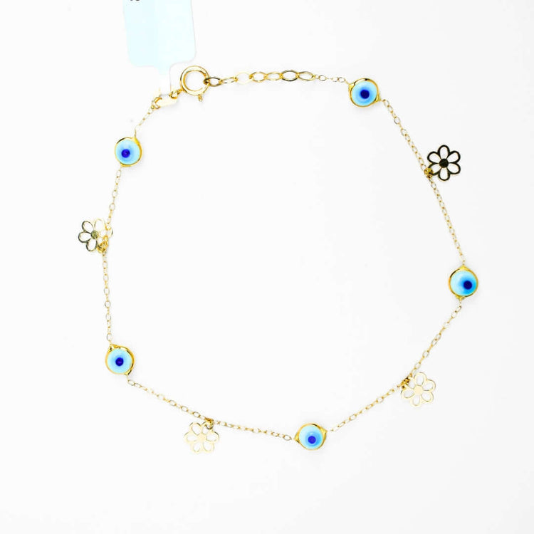 The 5 Lucky Eye Bracelet - 14k is a delicate gold bracelet with blue evil eye and flower-shaped charms for spiritual protection, beautifully displayed on a white background.
