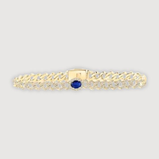 4-1/5CTW Oval Blue Sapphire Diamond 8mm Cuban Link Bracelet- 10K Yellow Gold