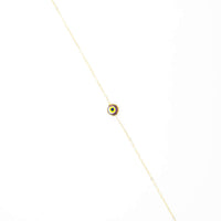 The one lucky eye bracelet - 14k features a small, circular multicolored evil eye charm at the center for spiritual protection, crafted in delicate 14k gold and displayed on a plain white background.