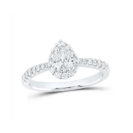 The 14k White Gold Pear Diamond Halo Engagement Ring showcases a pear diamond with a halo of round diamonds and a diamond-accented band, all set in elegant 14k white gold against a white background.