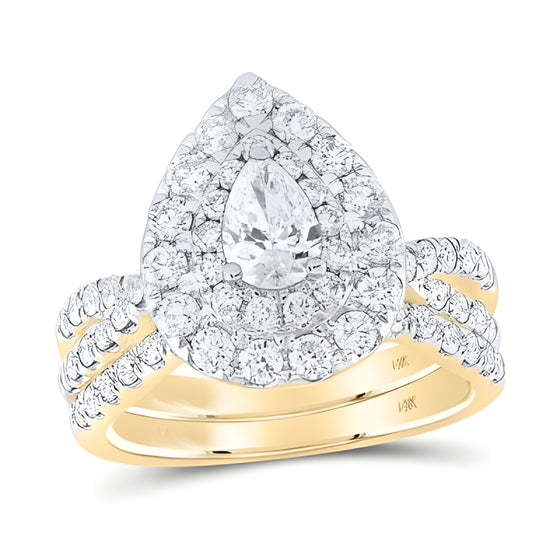 2CTW Pear Diamond Halo Bridal Engagement Wedding Ring Set- 14K Yellow Gold