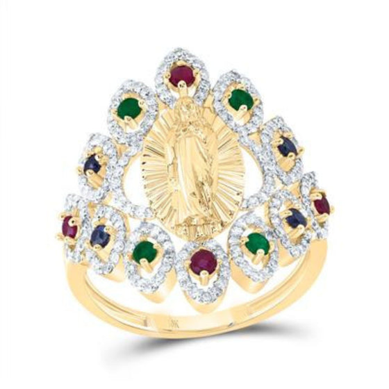 1/2CTW Diamond 1/6CT RD-Ruby 1/8CT RD-Blue Sapphire 1/10CT RD-Emerald Natural Gem Virgin Mother Mary Ring - 10K Yellow Gold