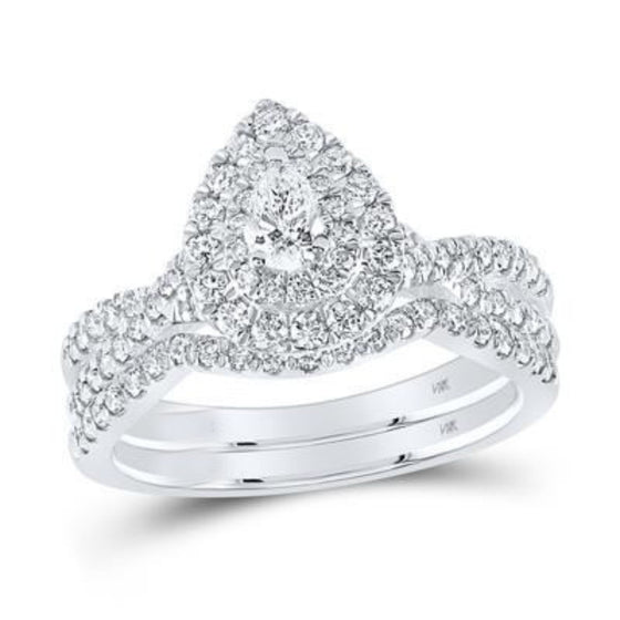 1CTW Pear Diamond Bridal Wedding Engagement Ring Set- 14K White Gold