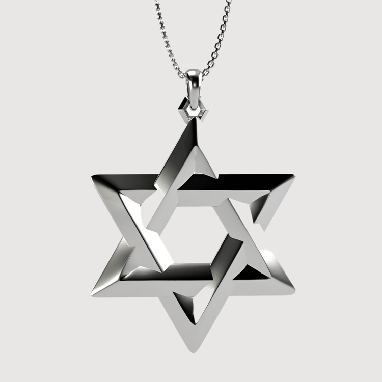 A 14k Gold Star of David Pendant with a modern, interlocking design hangs from a delicate chain on a light gray background—a striking piece of Jewish jewelry blending tradition with contemporary elegance.
