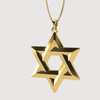 The 14k Gold Star of David Pendant features a geometric design and hangs from a delicate gold chain, standing out against a light background—an elegant piece of Jewish jewelry.