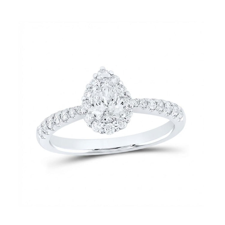 The 14k White Gold Pear Diamond Halo Engagement Ring showcases a pear diamond with a halo of round diamonds and a diamond-accented band, all set in elegant 14k white gold against a white background.