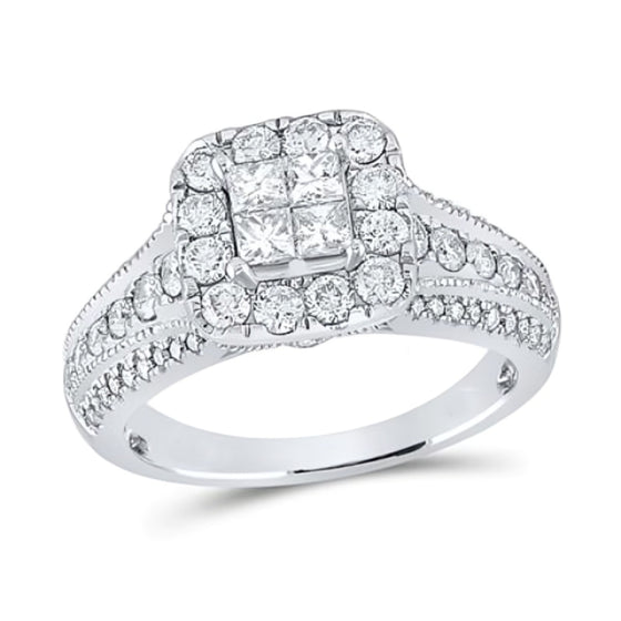 1-1/3CTW Princess Diamond Halo Bridal Wedding Engagement Ring- 14K White Gold