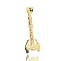 The Viking Battle Axe Pendant – 14K Gold Men Pendant features intricate engravings and stands upright on a white background, its reflection visible beneath.