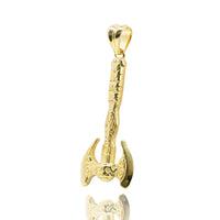 The Viking Battle Axe Pendant – 14K Gold Men Pendant features a double-headed axe design with detailed handle engravings, displayed against a white background and reflected on the surface below.