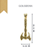 The Viking Battle Axe Pendant – 14K Gold Men Pendant features intricate double-bladed axe designs, measures 35.12mm x 16.82mm, with "GOLDZENN" above and a gold ribbon in the top left corner.
